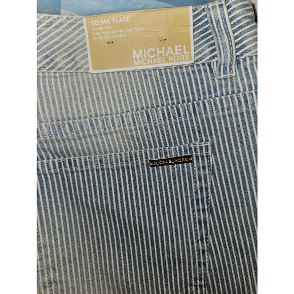 Michael Kors Selma Flare Wide Leg Denim Jeans Size 14 Blue White Striped - Picture 9 of 12